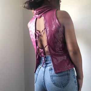Vintage open back hot pink mock neck